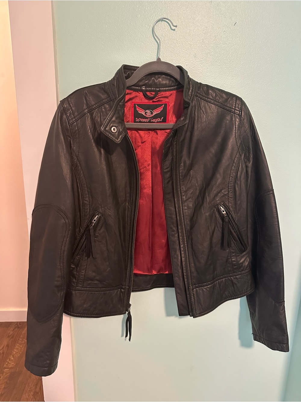 Women's Black Leather Jacket with Red Lining